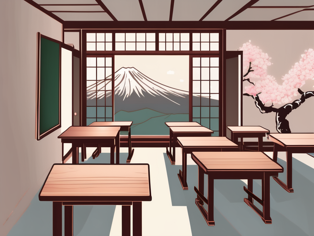 A traditional japanese classroom setting with chalkboard