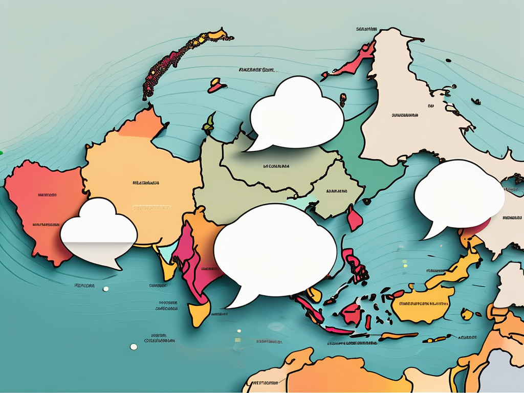 The indonesian archipelago with various sized speech bubbles floating above it