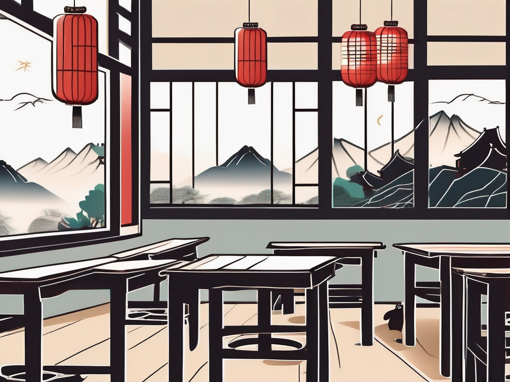 A traditional chinese classroom setting with a chalkboard