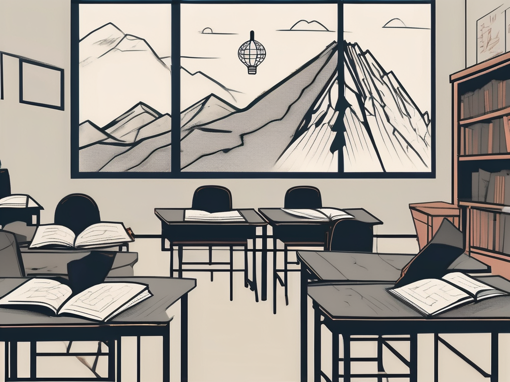 A classroom setting with symbolic elements such as a broken pencil