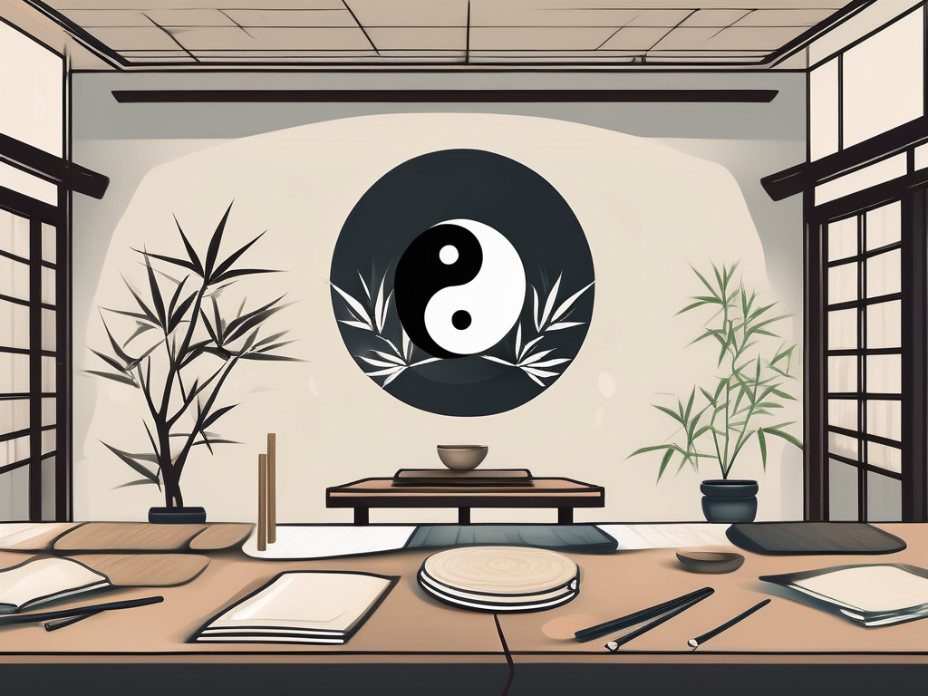 A well-organized chinese classroom with symbols of discipline and harmony