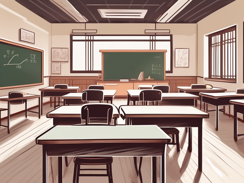 A classroom setting in china with two teacher desks at the front