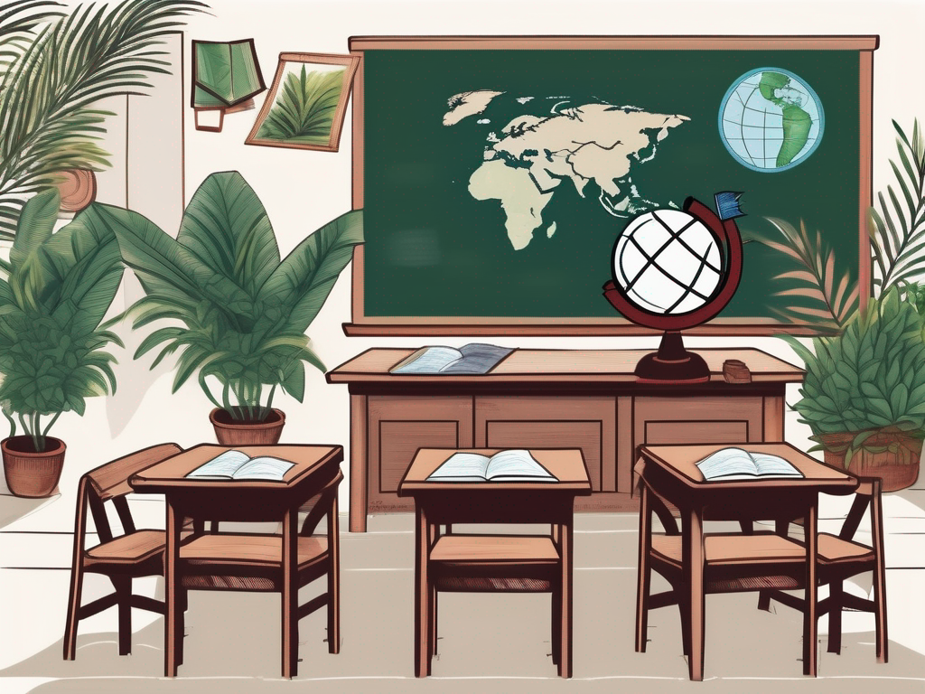 A traditional indonesian classroom setting with a globe