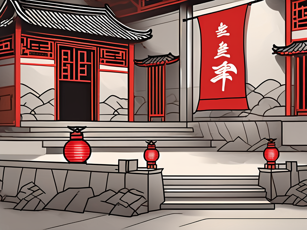 A traditional chinese schoolhouse with a large barrier (like a wall) in front of it