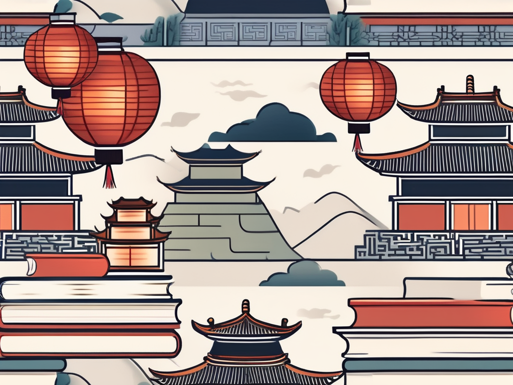 A stack of textbooks with chinese architectural elements like pagodas