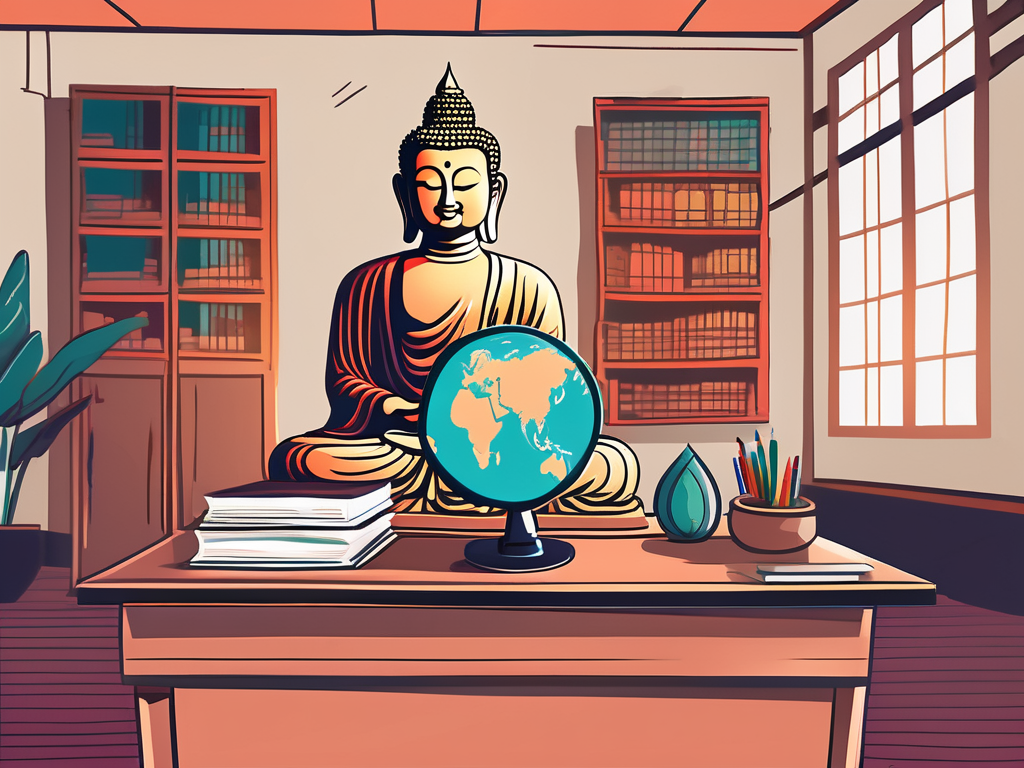 A vibrant thai classroom setting with an empty teacher's desk