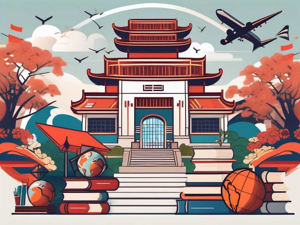 A traditional vietnamese landscape with a school in the foreground and various symbols of education like books