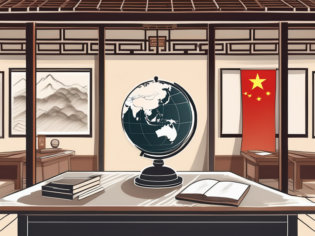 A classroom setting with traditional chinese architecture in the background