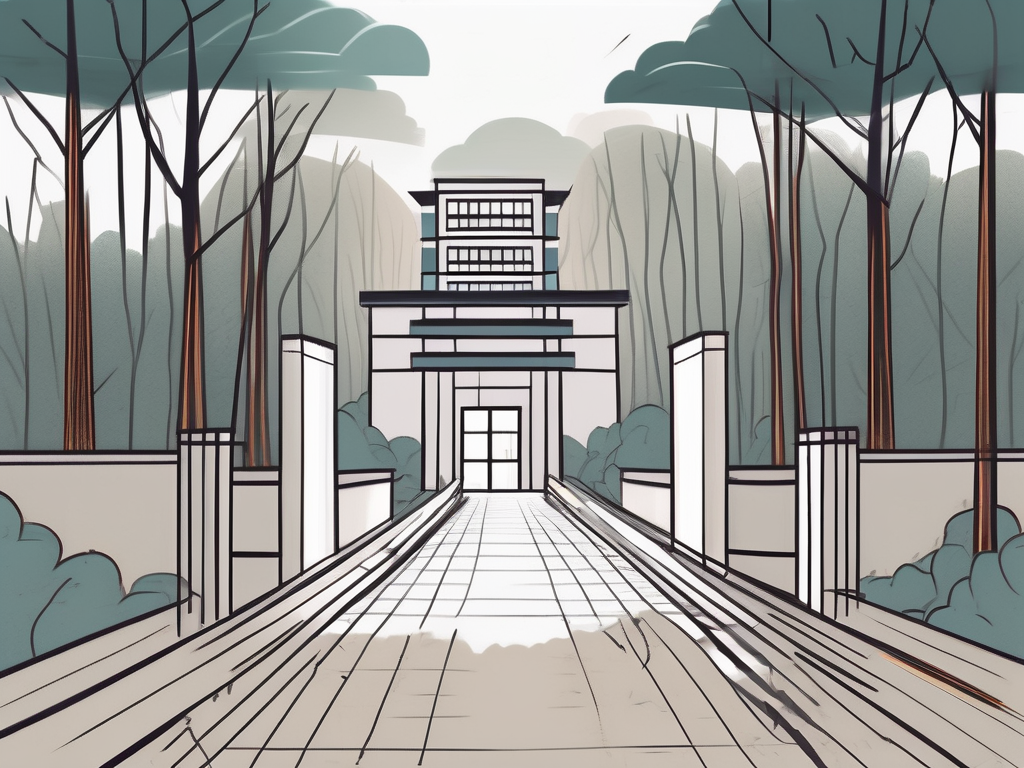 A school building in the center with four different paths leading towards it