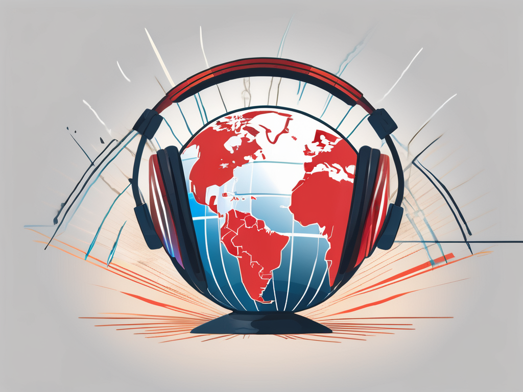 A pair of headphones draped over a globe focused on china