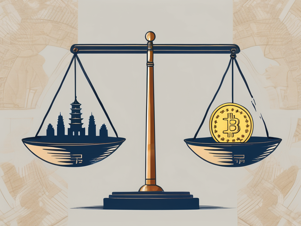 A pair of scales balancing three coins (representing the three points) against the silhouette of china's iconic landmarks