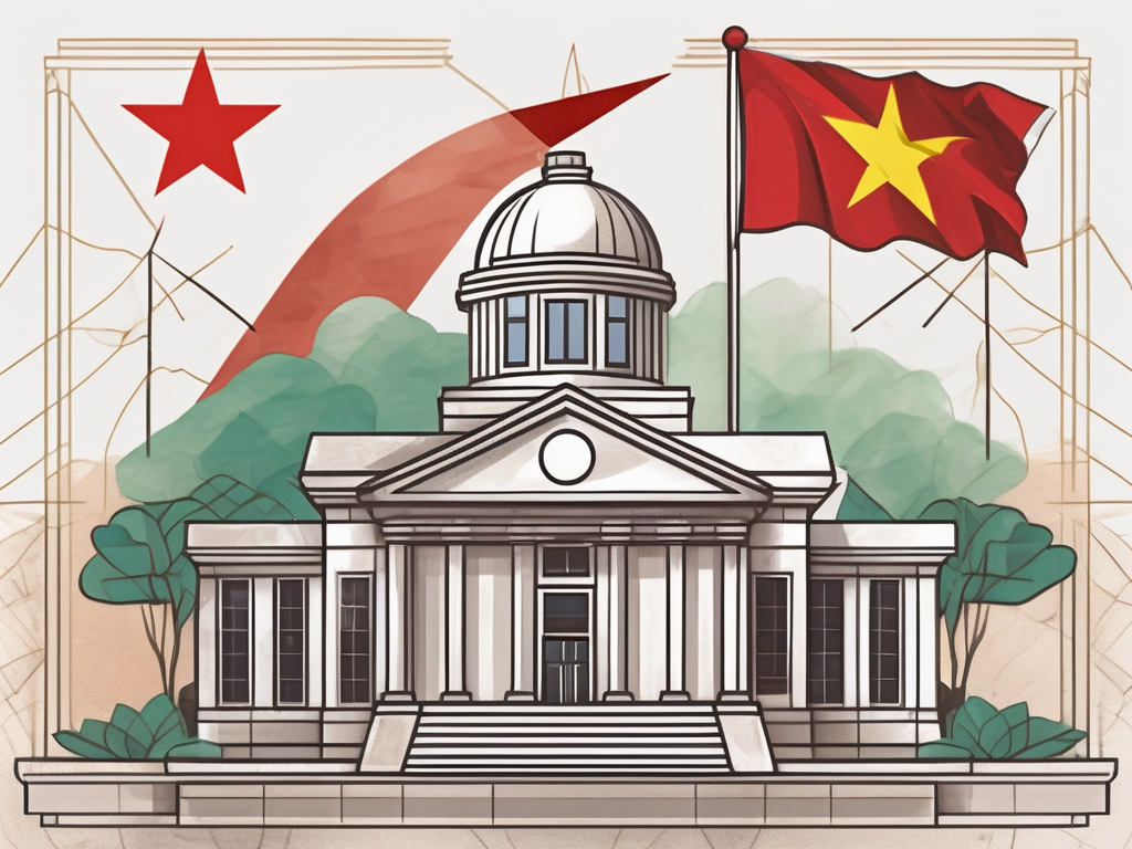 A schoolhouse with the vietnamese flag flying above it