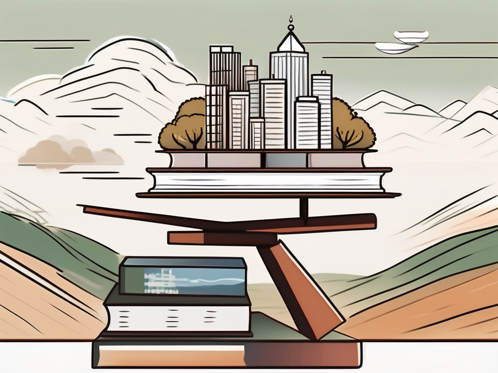 A balanced scale with textbooks on one side and a cityscape on one end and rural landscape on the other