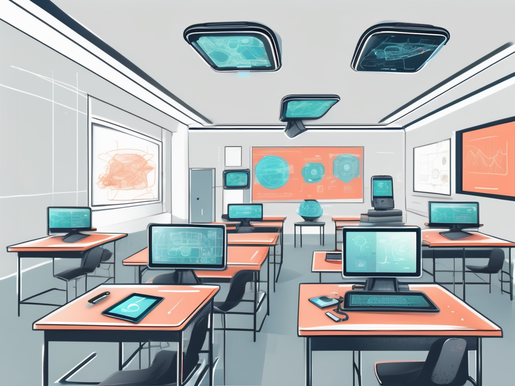 A modern chinese classroom featuring four different technological devices such as a smartboard