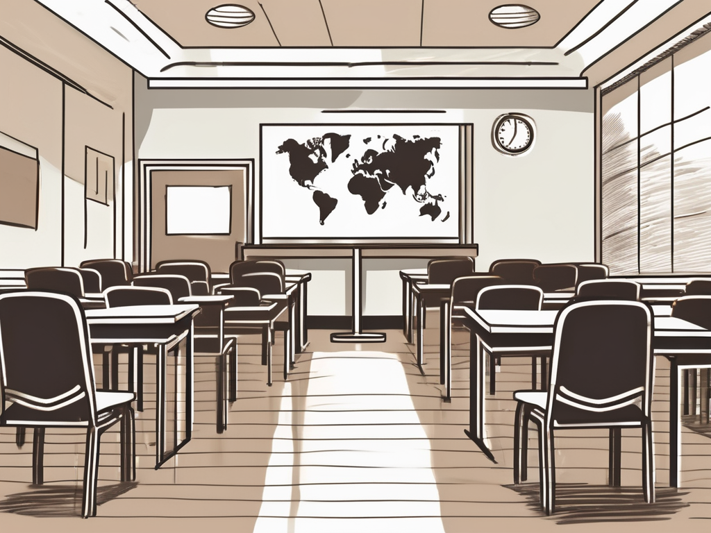 A classroom with several empty chairs