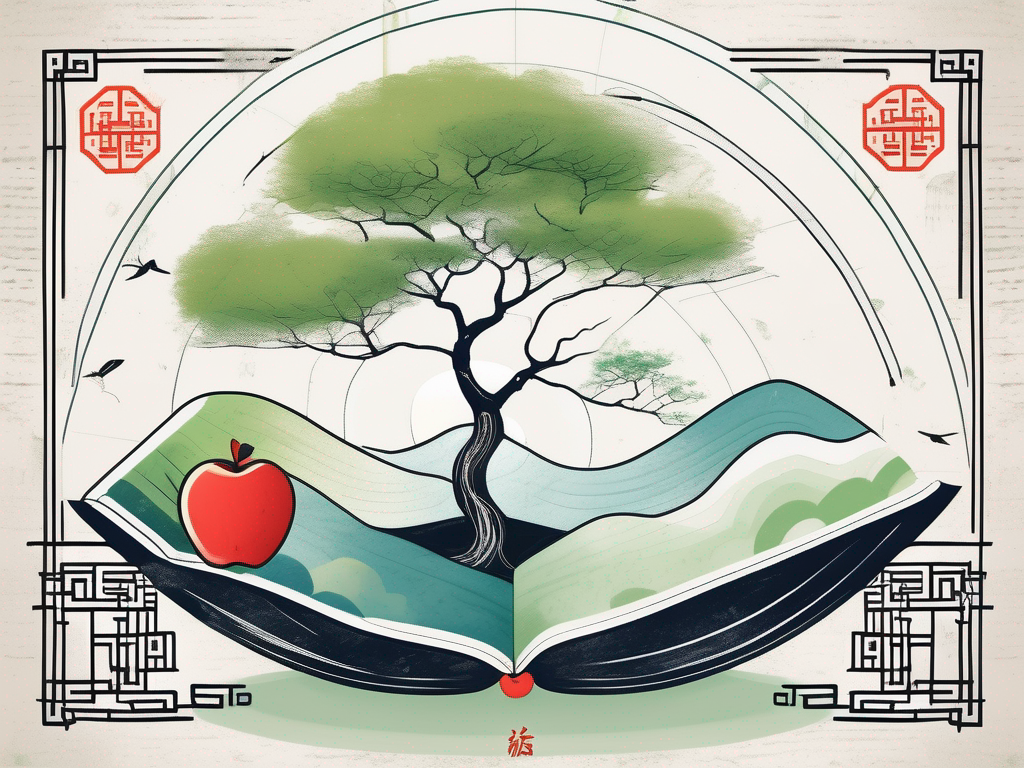 A tranquil chinese school environment with symbols of well-being like a peaceful garden