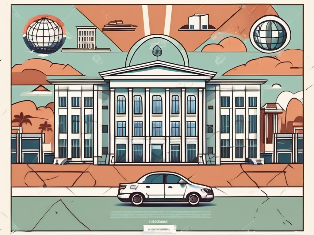 A variety of international school buildings with a backdrop of iconic indonesian landmarks