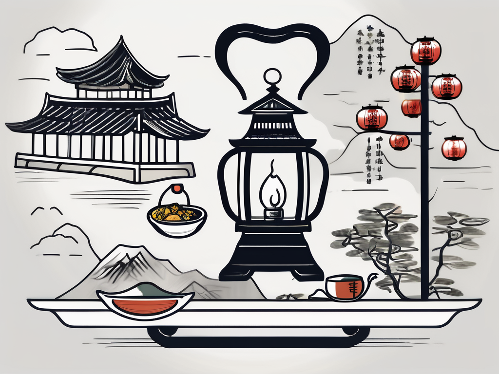 A balanced scale with cultural symbols of china (like the great wall