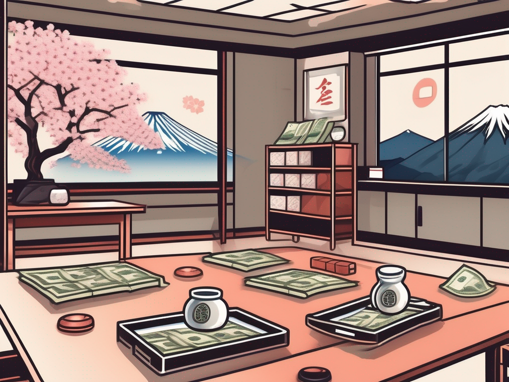 A classroom scene with various teaching tools and symbols of japan