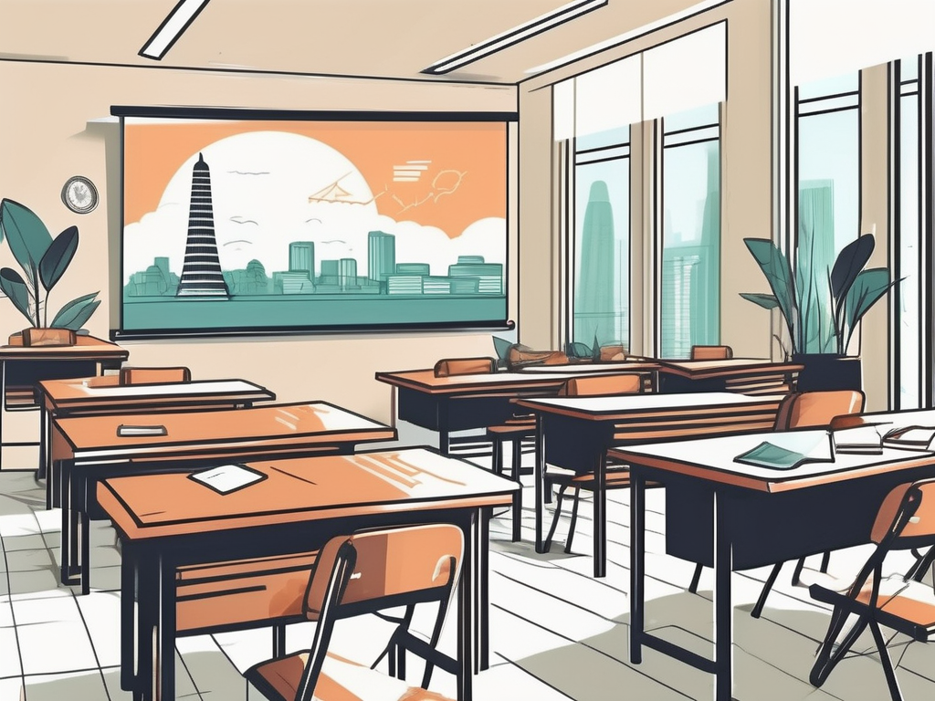 A classroom setting with different teaching tools and a backdrop of iconic vietnamese landmarks