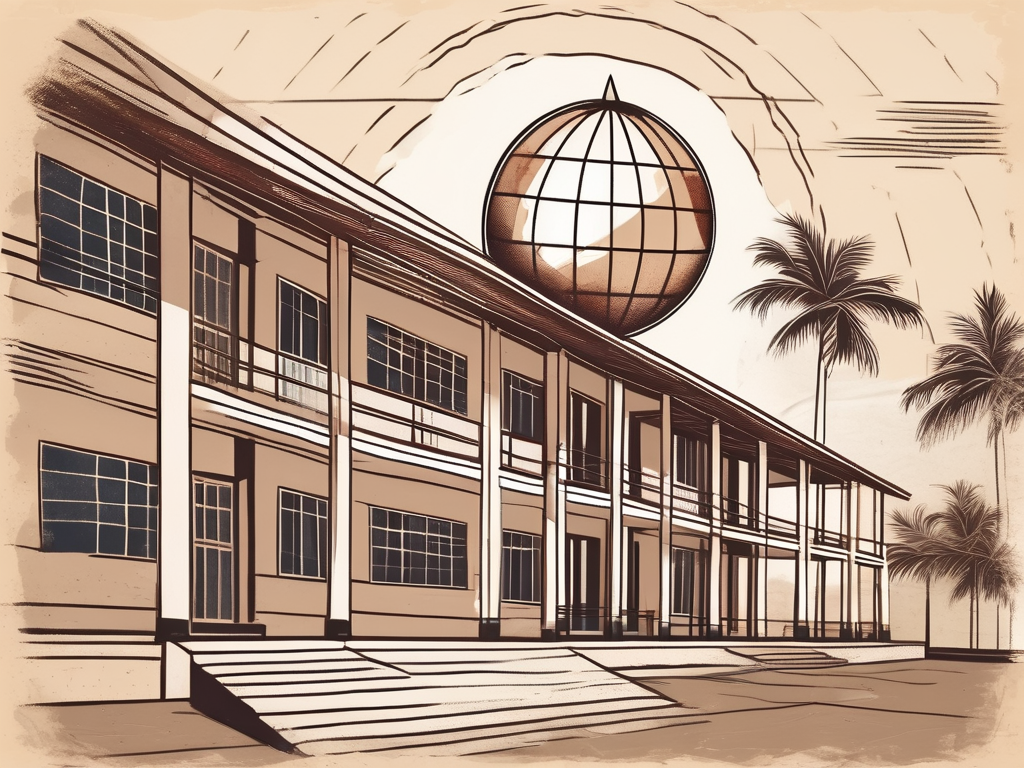 A traditional cambodian school building with a globe in the background