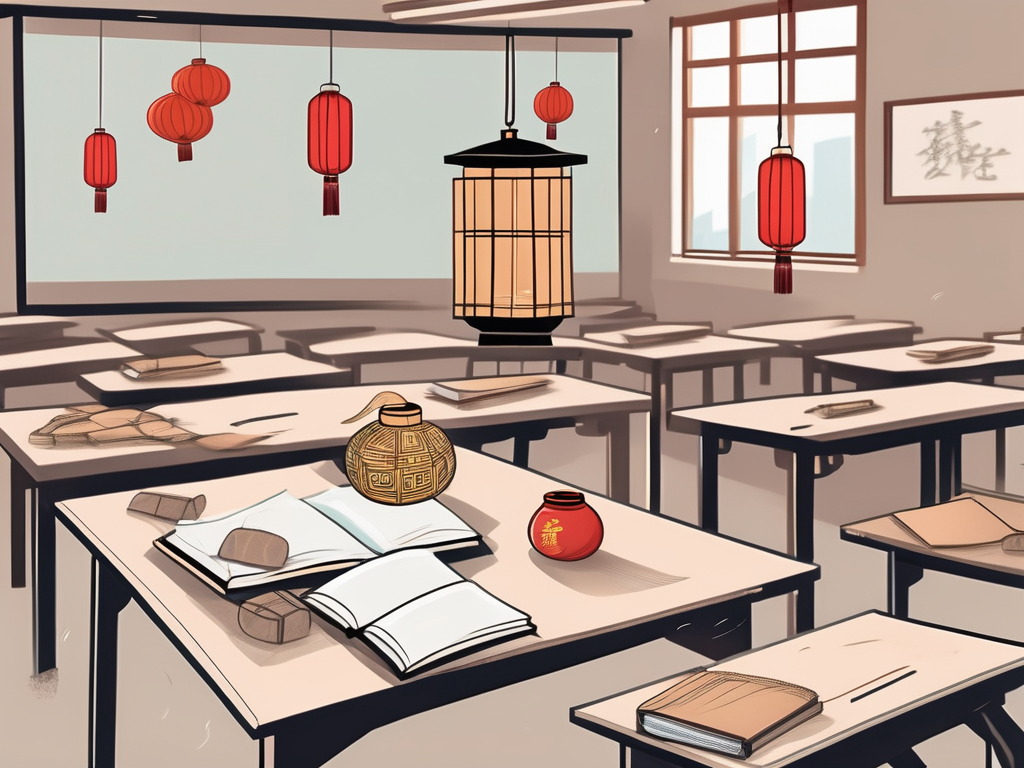 A classroom with a few culturally symbolic items from china (like a lantern or dragon) and some scattered teaching materials