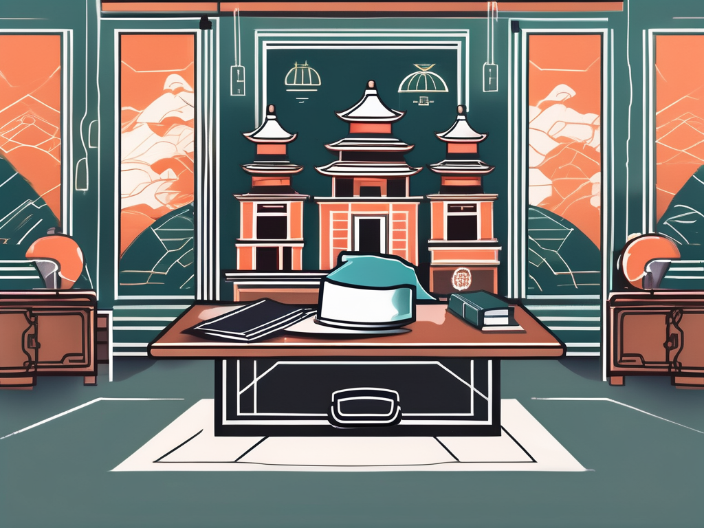 A classroom setting with a graduation cap on the desk