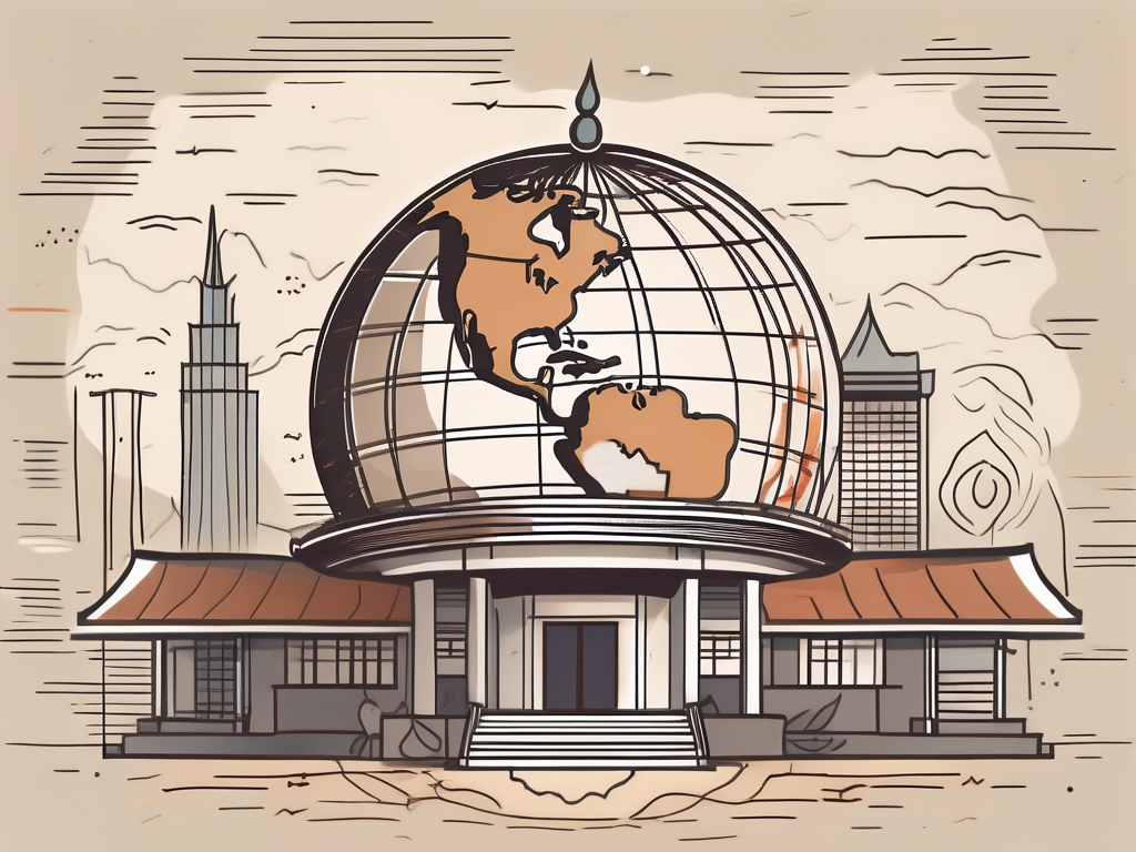 A traditional thai schoolhouse with a globe and various currencies symbolizing international elements