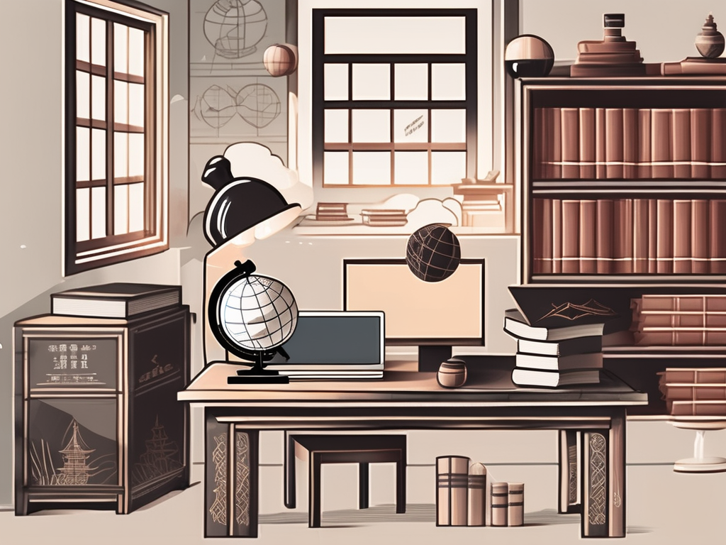 A traditional chinese schoolhouse with five distinct elements symbolizing key aspects of education such as books