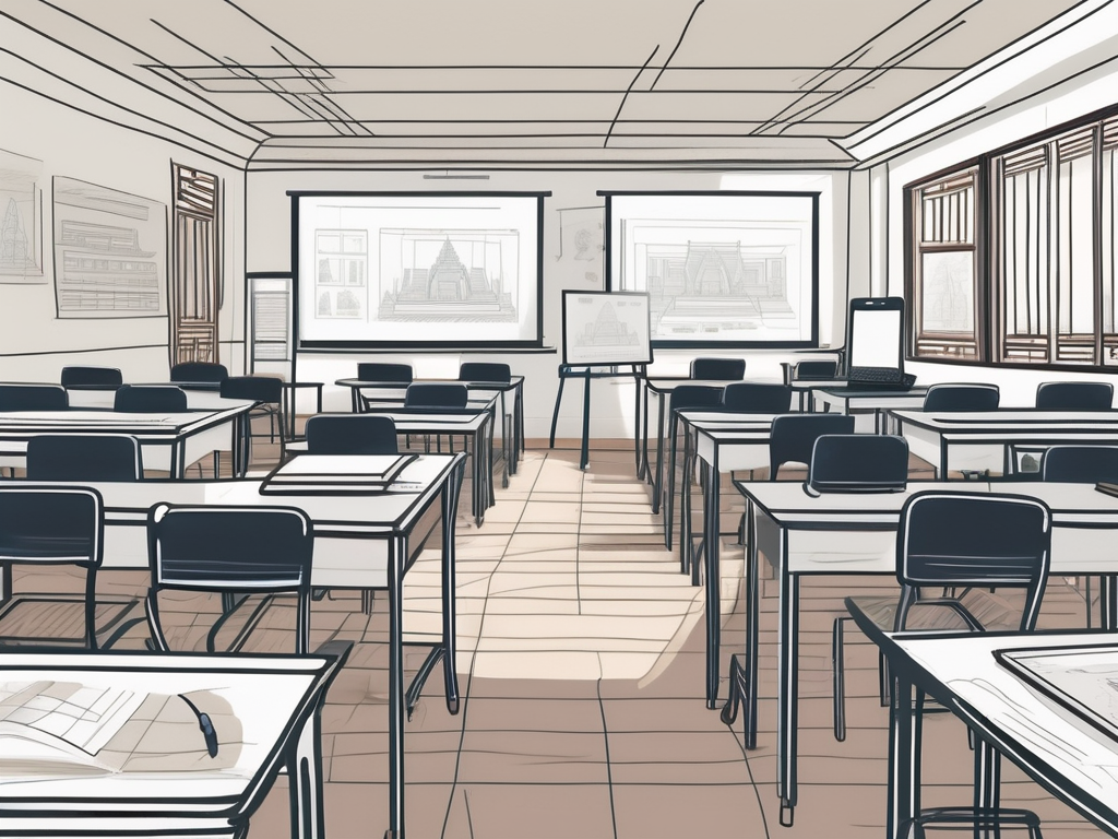 A classroom in cambodia filled with modern technological devices such as laptops