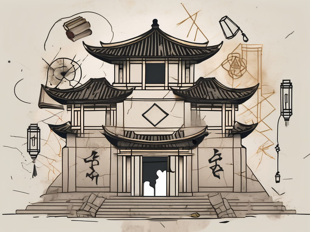 A crumbling ancient chinese school building with symbols representing six different issues such as a broken pencil