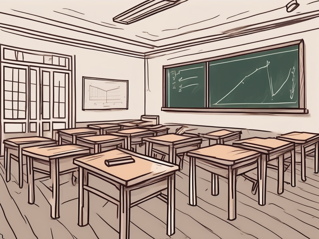 A dimly lit classroom with empty desks
