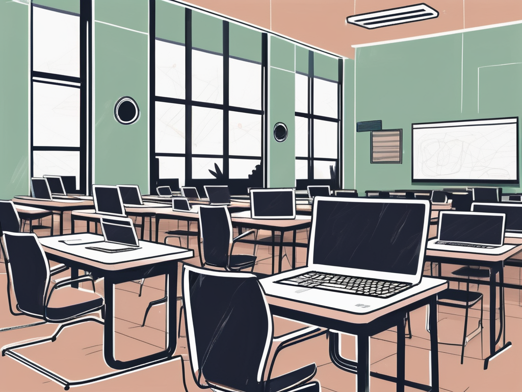 A modern indonesian classroom filled with various technological devices such as laptops