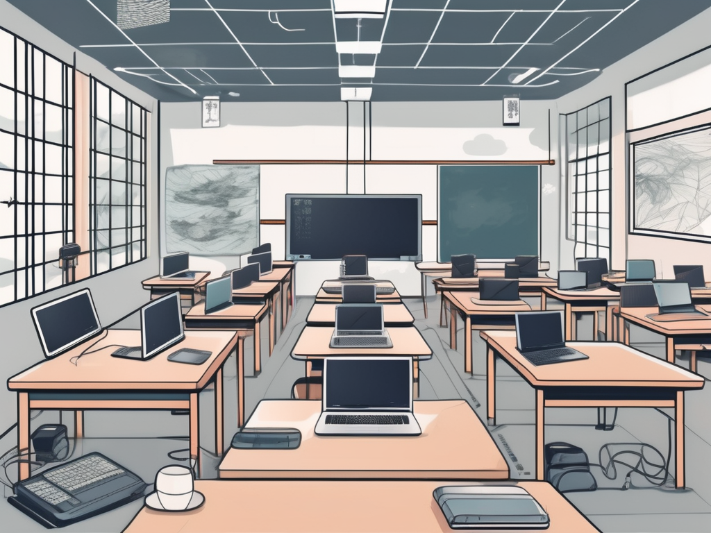 A modern japanese classroom filled with technological devices like laptops