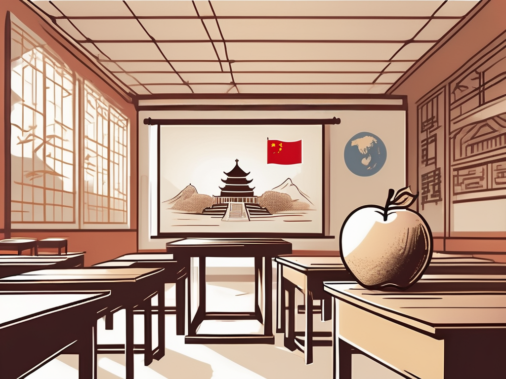 A classroom setting with a backdrop of iconic chinese landmarks