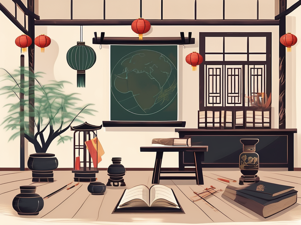 A traditional chinese classroom setting with various educational tools such as a chalkboard