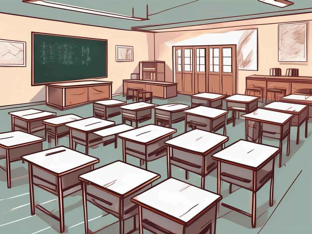 A classroom setting with an empty teacher's desk and chair in the forefront
