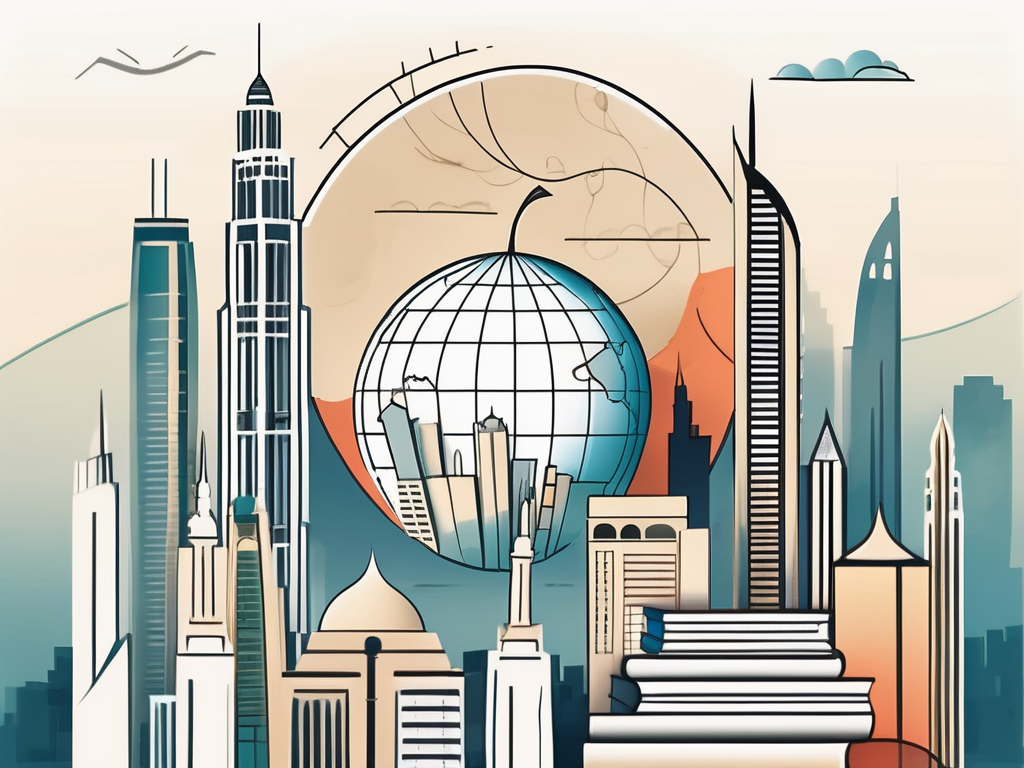 The iconic dubai skyline with various educational symbols like books