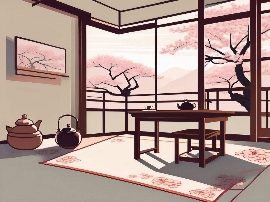 A serene japanese classroom setting with elements such as a cherry blossom tree outside the window