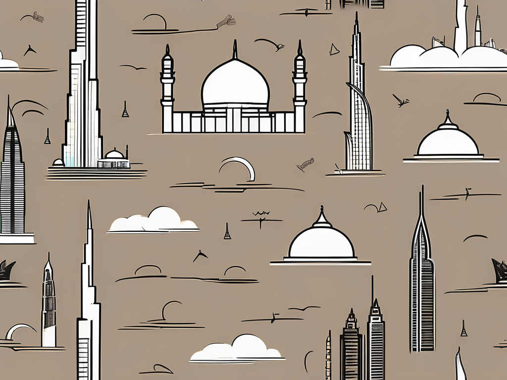 A skyline of dubai with iconic landmarks like the burj khalifa and palm jumeirah