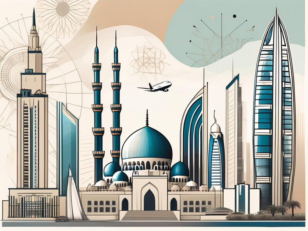 Four distinct sections representing various artistic and humanities elements such as architecture