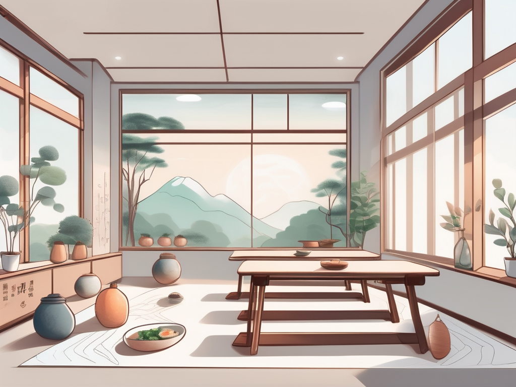 A serene classroom setting in south korea with elements like desks