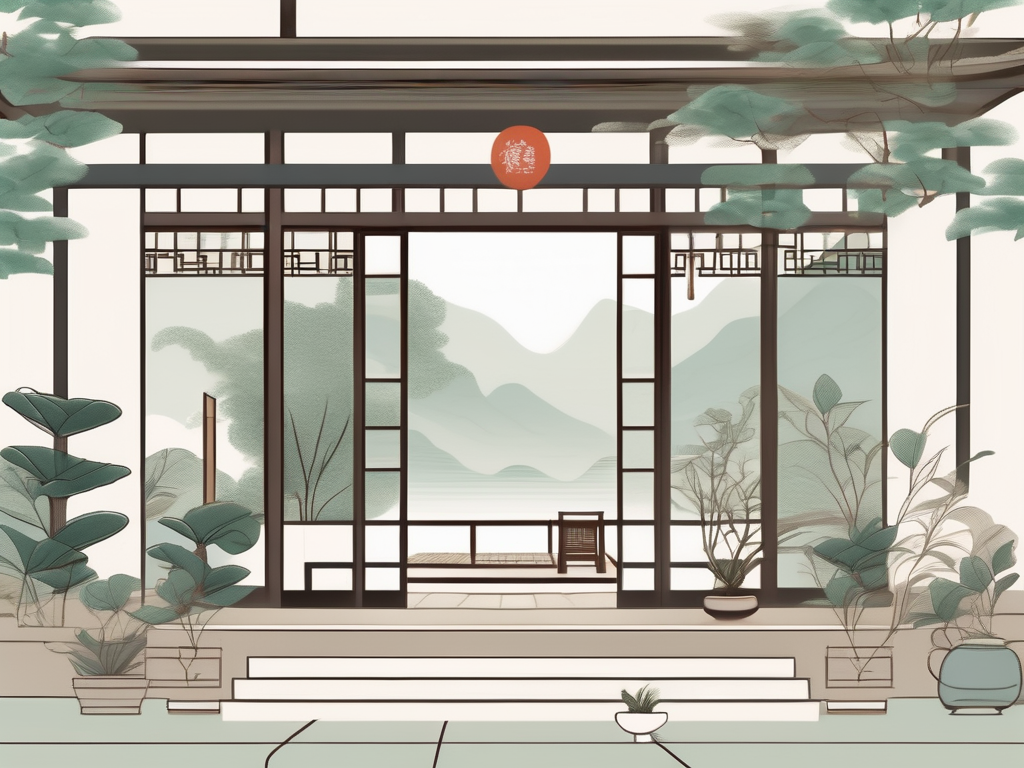 A tranquil taiwanese school setting with elements such as a serene garden