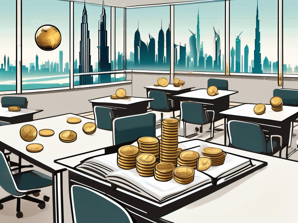 A modern classroom with a view of dubai's skyline