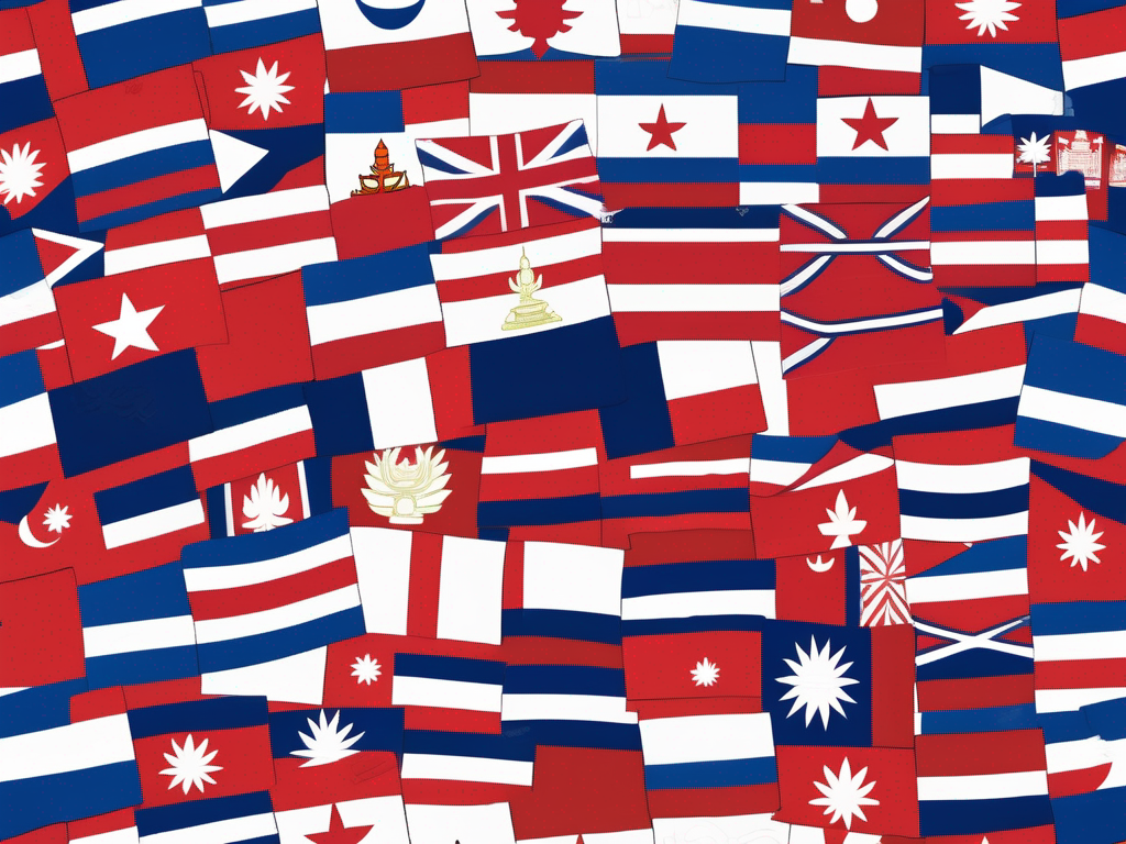 A diverse range of international flags planted on a map of cambodia