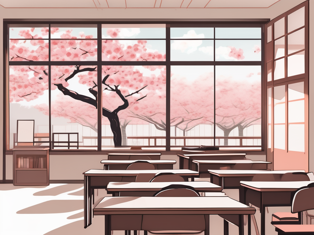 A japanese classroom setting with international flags