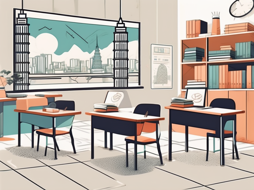 A classroom setting with diverse educational tools and symbols representing different nationalities