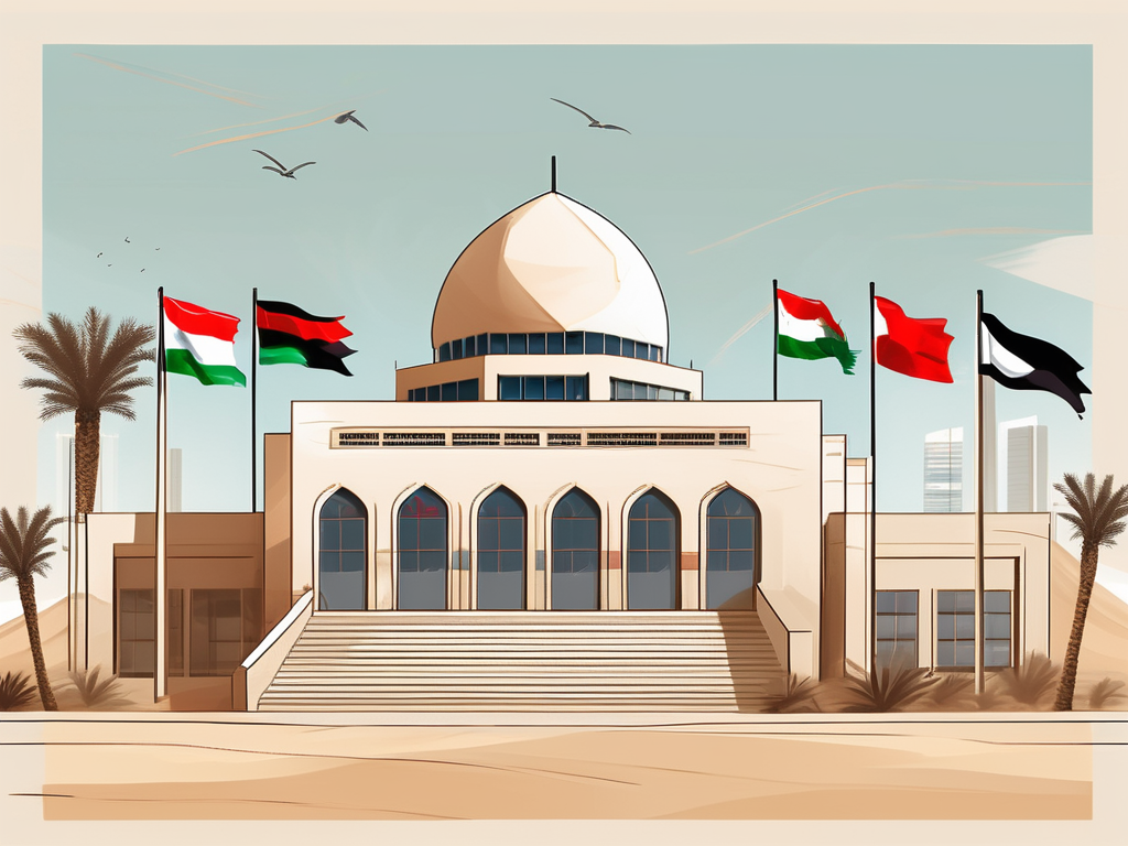 A dubai public school building with various international flags fluttering on flagpoles