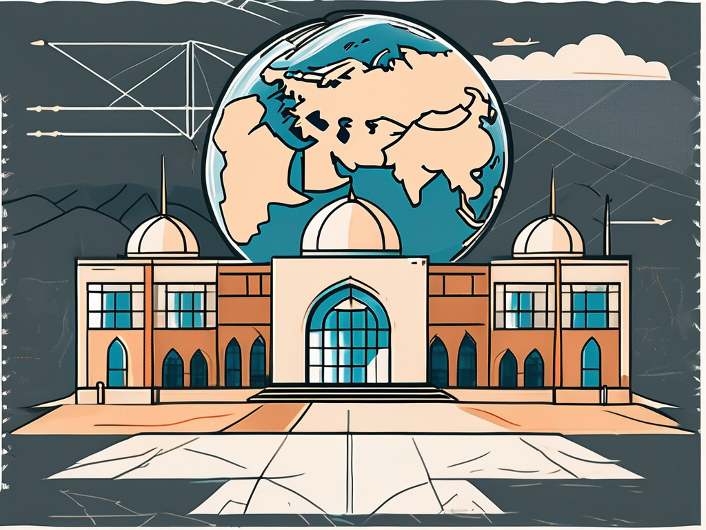 A traditional emirati school building with a globe showing the location of dubai