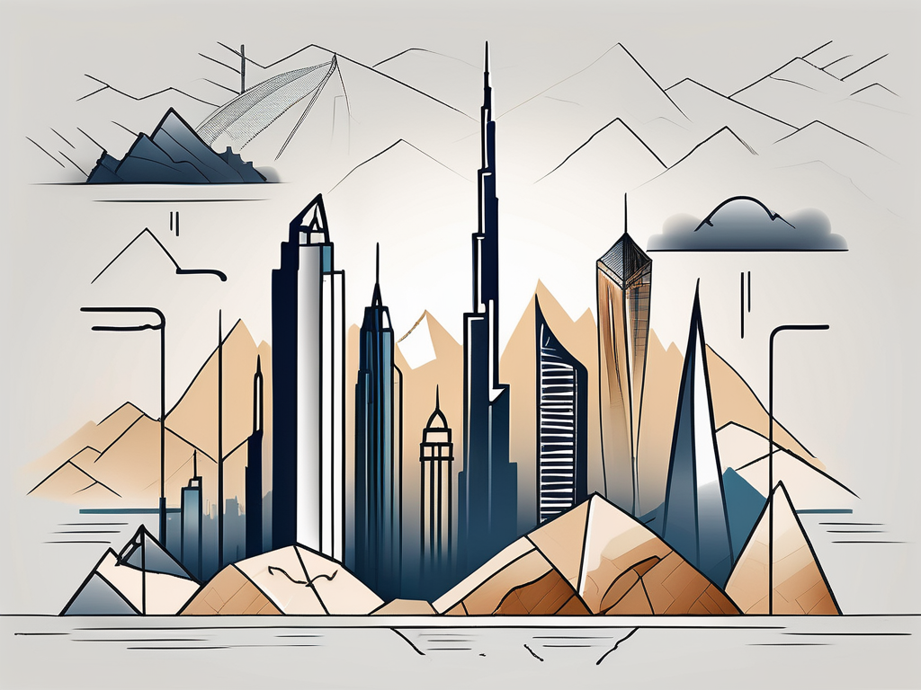 A dubai skyline with symbolic representations of six different educational challenges such as a broken pencil